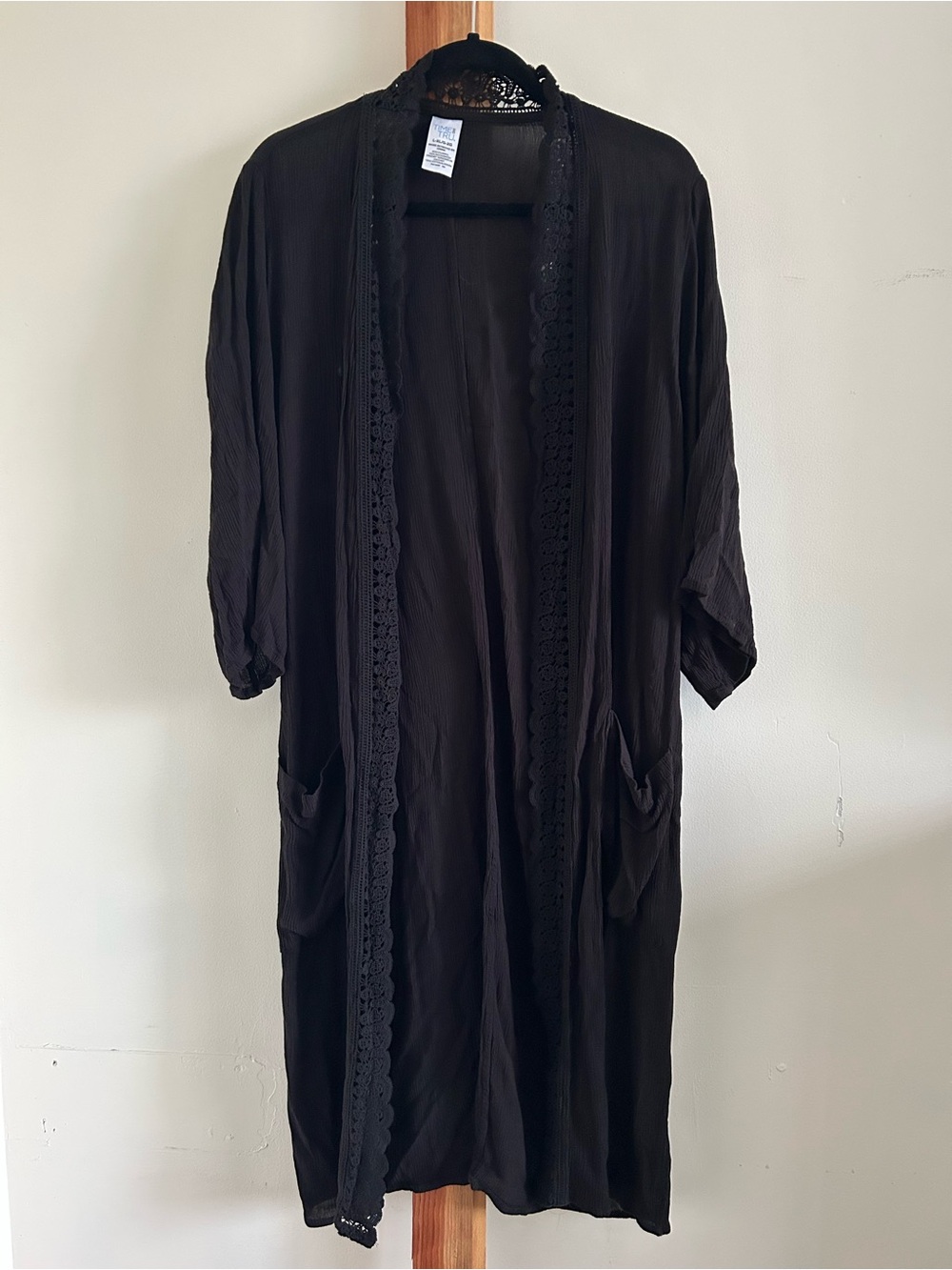 Time and Tru Black Lace-Trim Open Front Robe